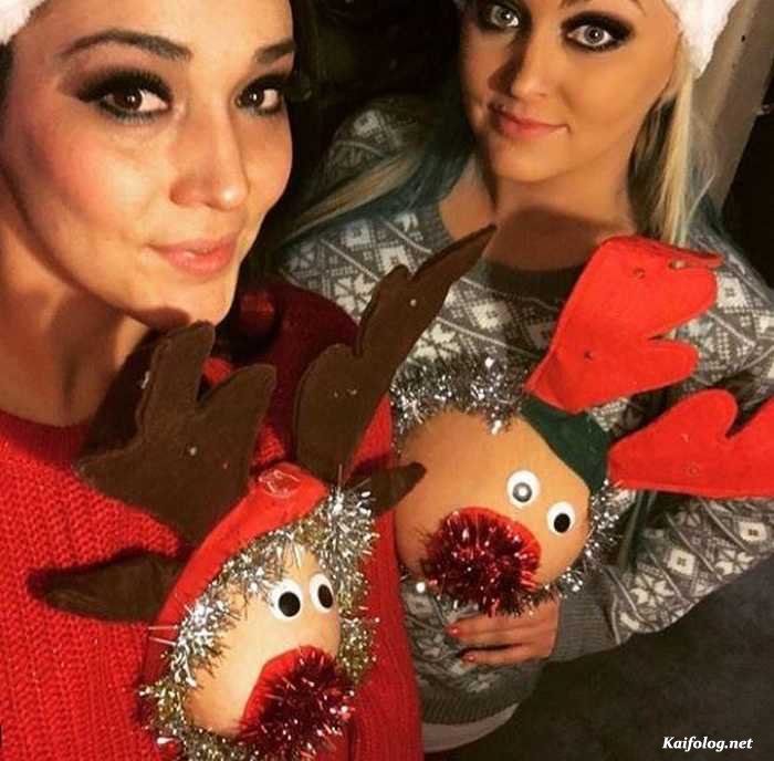 Сиськи девушек украшенные в виде новогоднего оленя фото
